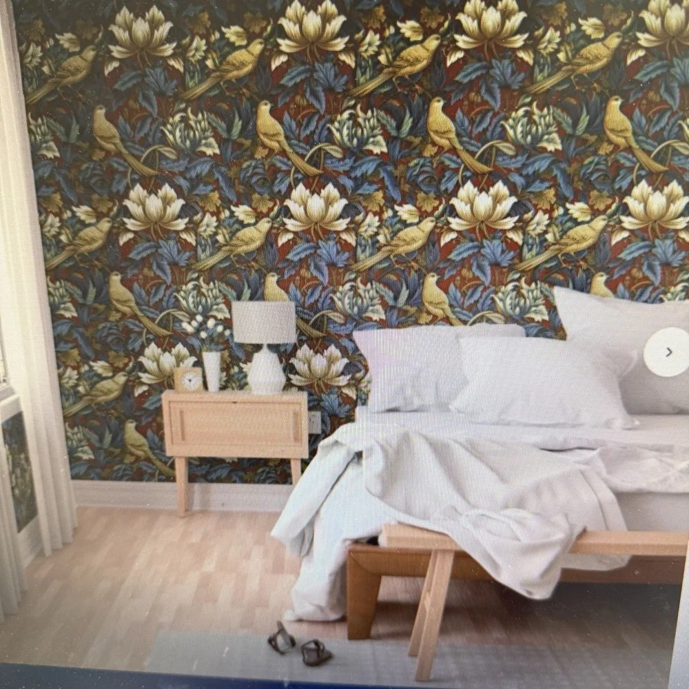 Spoonflower Wallpaper Prepasted 11 Rolls 2' X 9'‎ William Morris Bird Red Blue